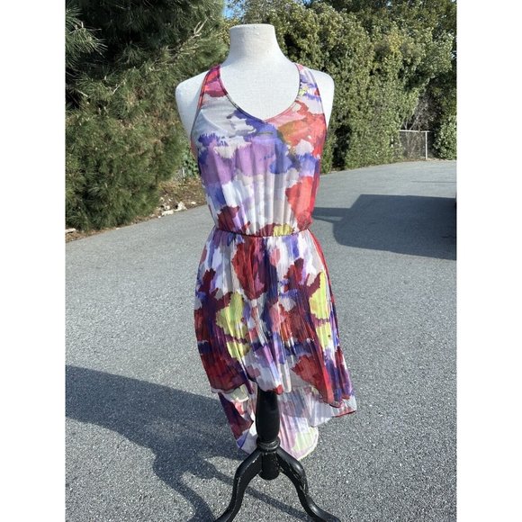 Guess Dress Small Multicolor Kaleido Print Pleated Hi-Lo Lined Racerback Womens - Picture 1 of 16